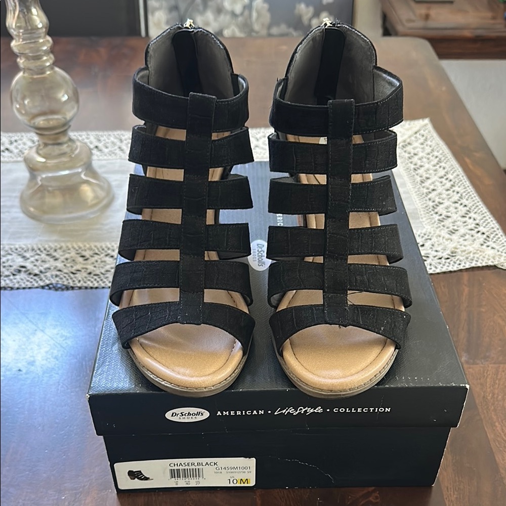 Dr. Scholl's Women's Black Strappy Sandals size 10. Gladiator style. 3.25" heel